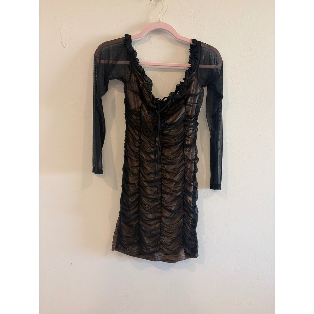 Fashion Nova Black Mesh Ruched Mini Dress Nude Lining NAA0001 Womens Large